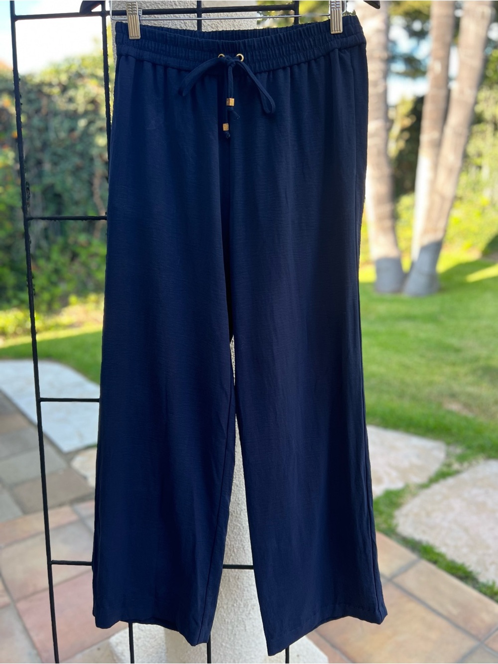 Michael Kors Navy Wide-Leg Drawstring Pants, Size Medium